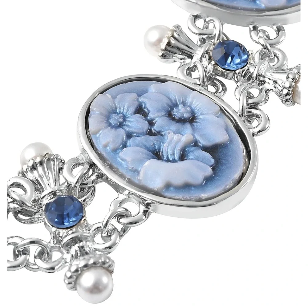 Blue Floral Cameo Bolo Bracelet Silvertone Adjustable Pearl‎ Crystal Accents